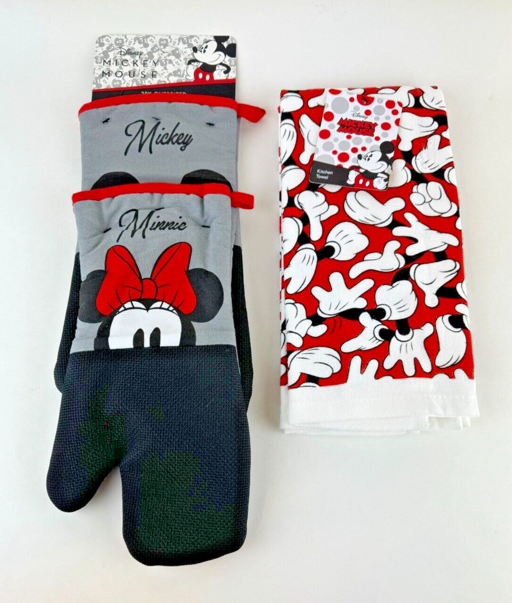 Lot Disney 1 set Mickey Minnie Oven Mitts 1 set Mickey Mouse Dishtowels NEW